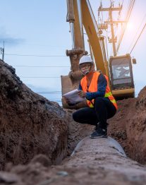 Engineer wear safety uniform examining excavation water supply or sewer pipeline at construction site.